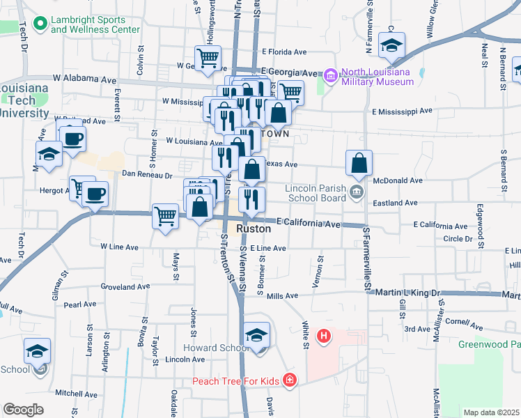 map of restaurants, bars, coffee shops, grocery stores, and more near 501 South Bonner Street in Ruston