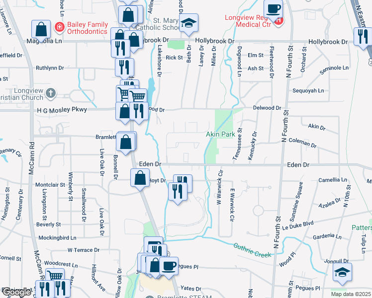 map of restaurants, bars, coffee shops, grocery stores, and more near 310 Tealwood Drive in Longview