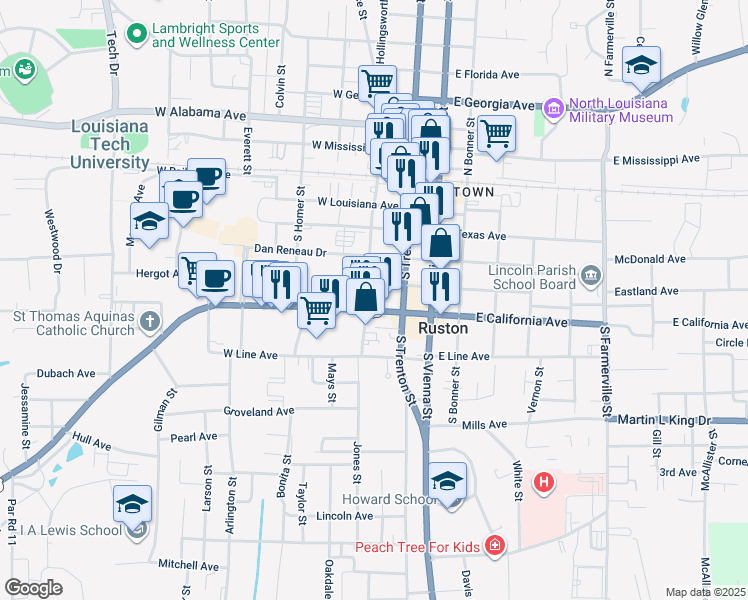 map of restaurants, bars, coffee shops, grocery stores, and more near 511 South Monroe Street in Ruston