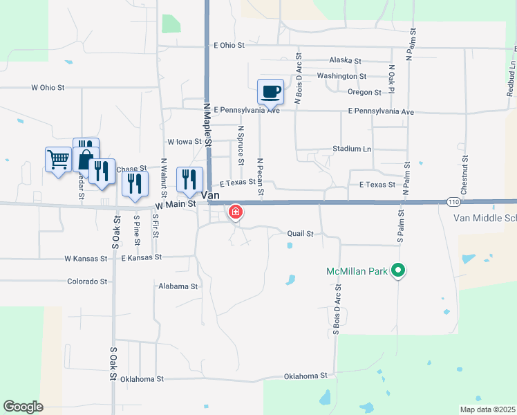 map of restaurants, bars, coffee shops, grocery stores, and more near 252 East Main Street in Van