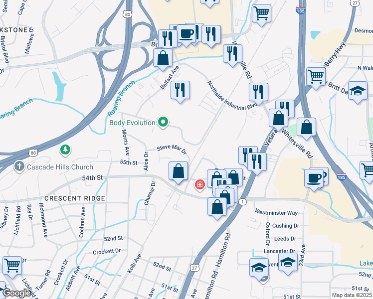 map of restaurants, bars, coffee shops, grocery stores, and more near 1153 Steve Mar Drive in Columbus