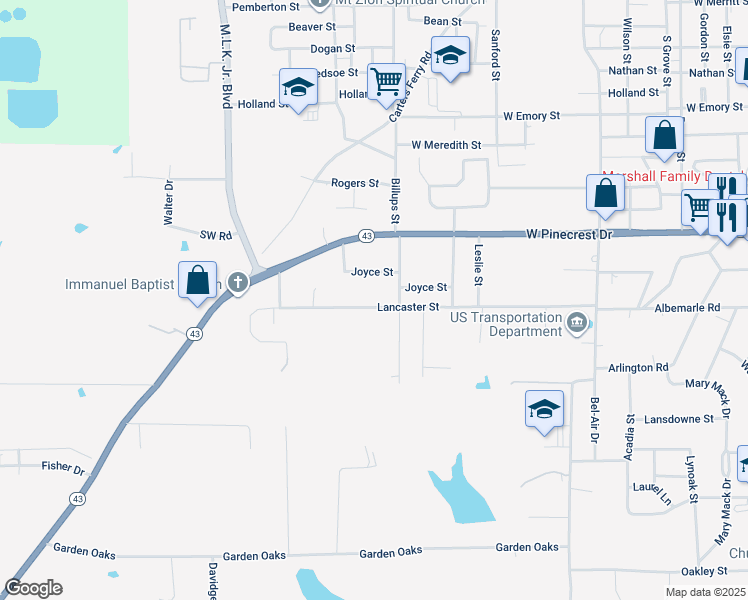 map of restaurants, bars, coffee shops, grocery stores, and more near 1913 Lancaster Street in Marshall
