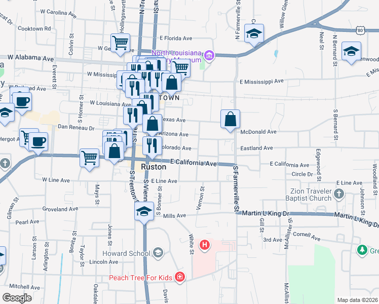 map of restaurants, bars, coffee shops, grocery stores, and more near 304 East Colorado Avenue in Ruston