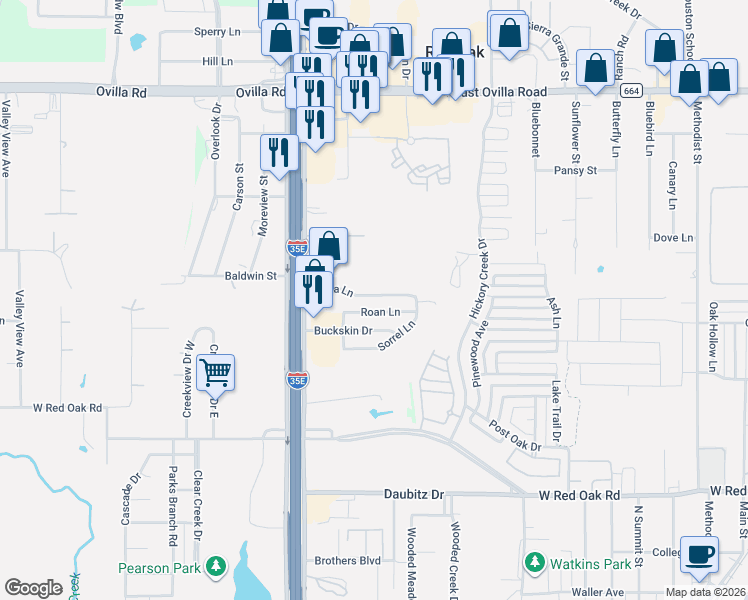 map of restaurants, bars, coffee shops, grocery stores, and more near 421 Mara Lane in Red Oak