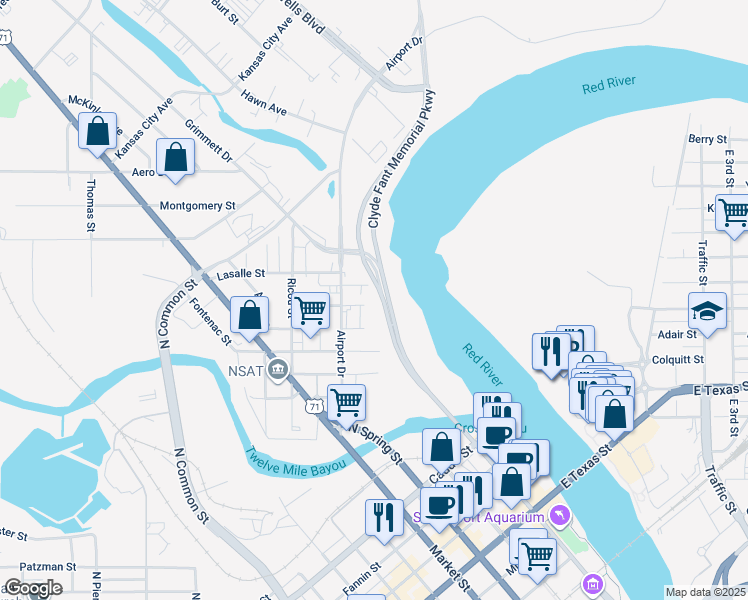 map of restaurants, bars, coffee shops, grocery stores, and more near 119 Lafayette Street in Shreveport