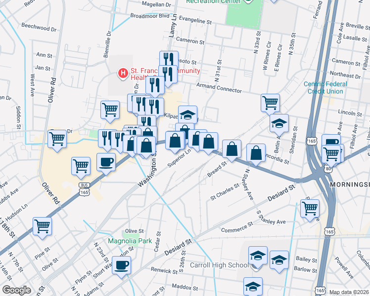 map of restaurants, bars, coffee shops, grocery stores, and more near 2614-2764 Louisville Ave in Monroe