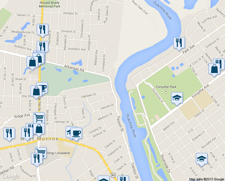 map of restaurants, bars, coffee shops, grocery stores, and more near 2401 Trenton Street in West Monroe