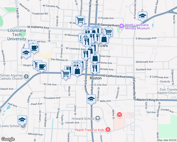 map of restaurants, bars, coffee shops, grocery stores, and more near 500 South Vienna Street in Ruston
