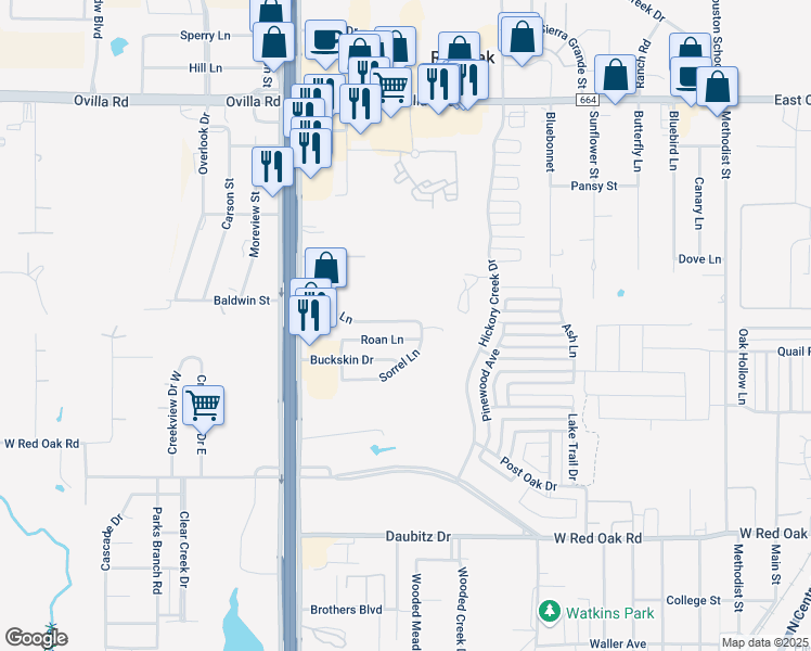 map of restaurants, bars, coffee shops, grocery stores, and more near 404 Mara Lane in Red Oak