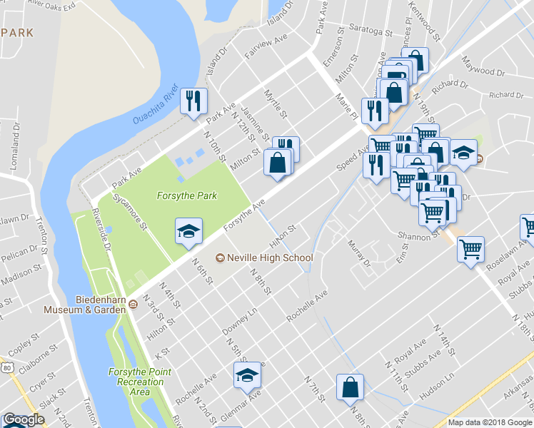 map of restaurants, bars, coffee shops, grocery stores, and more near 1001 Speed Avenue in Monroe