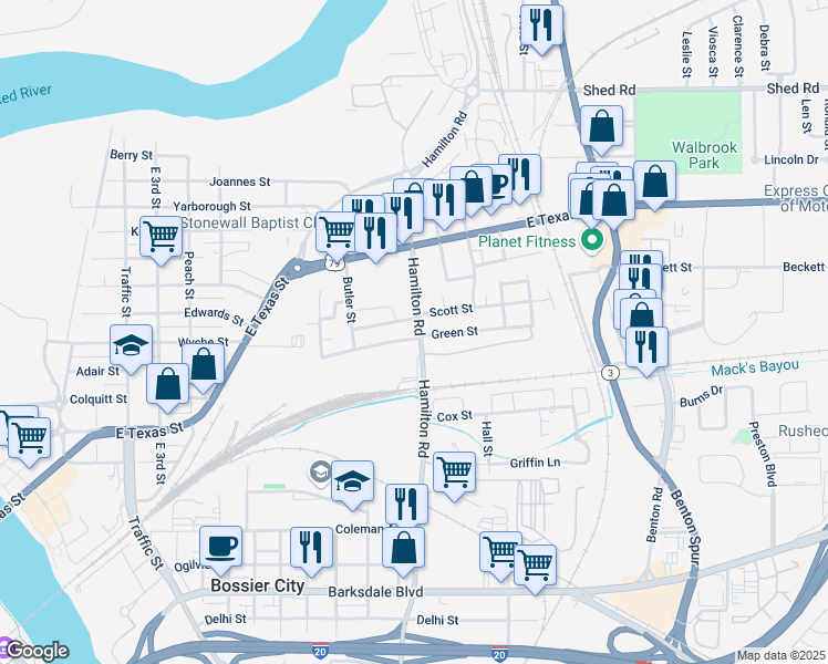 map of restaurants, bars, coffee shops, grocery stores, and more near 639 Hamilton Road in Bossier City