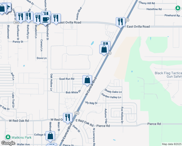 map of restaurants, bars, coffee shops, grocery stores, and more near 334 Bob White Drive in Red Oak