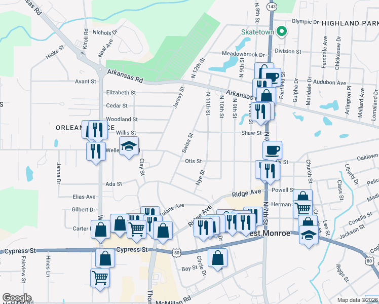 map of restaurants, bars, coffee shops, grocery stores, and more near 2506 Swiss Street in West Monroe