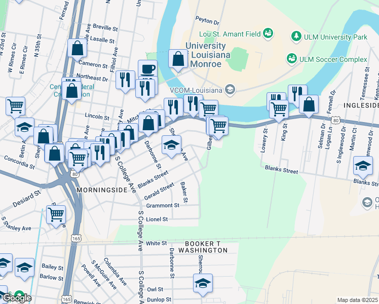 map of restaurants, bars, coffee shops, grocery stores, and more near 301 Sherrouse Avenue in Monroe