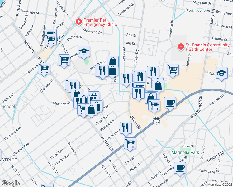 map of restaurants, bars, coffee shops, grocery stores, and more near 2017 Auburn Avenue in Monroe