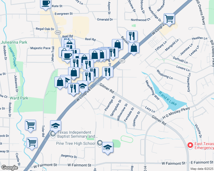 map of restaurants, bars, coffee shops, grocery stores, and more near 1808 Gilmer Rd in Longview