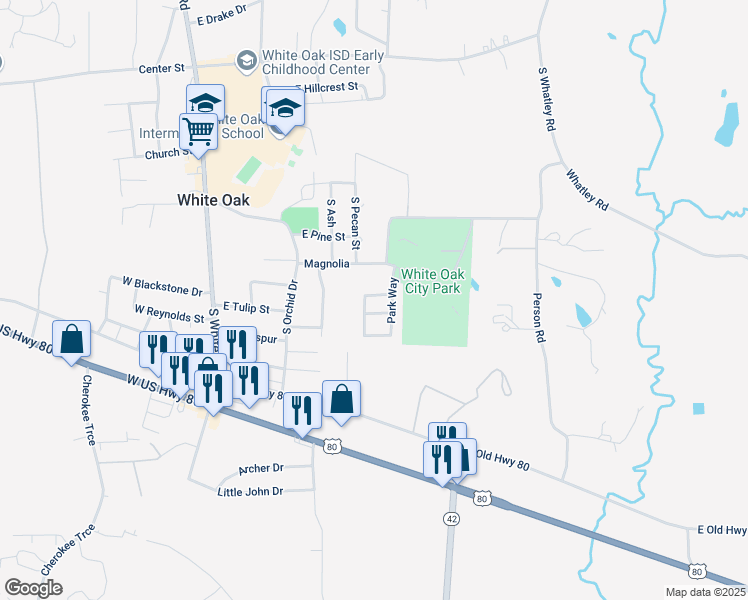 map of restaurants, bars, coffee shops, grocery stores, and more near 310 Mockingbird Street in White Oak