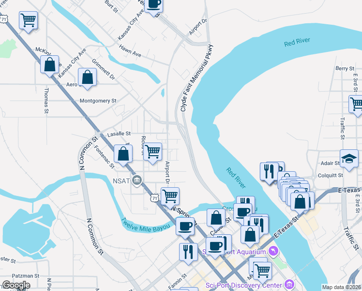 map of restaurants, bars, coffee shops, grocery stores, and more near 125 Lafayette Street in Shreveport