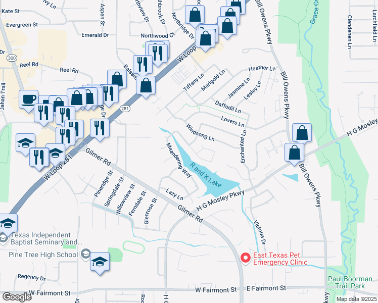 map of restaurants, bars, coffee shops, grocery stores, and more near 1400 Secluded Lane in Longview
