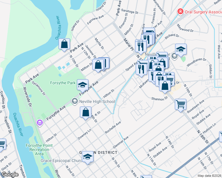 map of restaurants, bars, coffee shops, grocery stores, and more near 1105 Hilton Street in Monroe