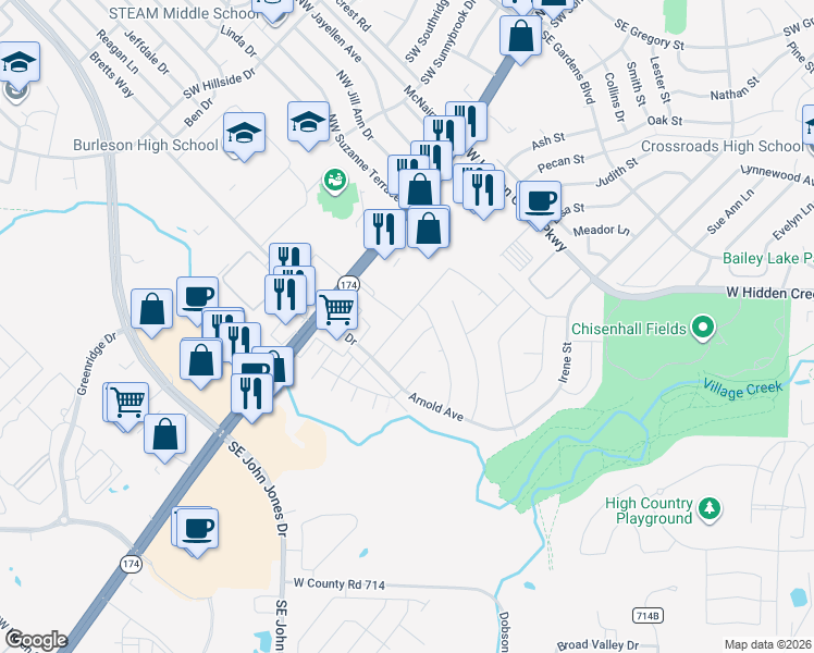 map of restaurants, bars, coffee shops, grocery stores, and more near 1129 Vaden Avenue in Burleson