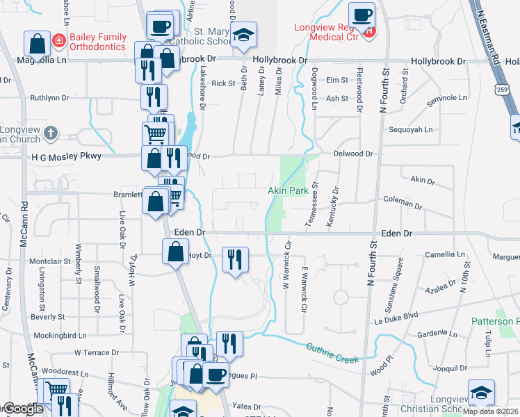 map of restaurants, bars, coffee shops, grocery stores, and more near 326 Tealwood Drive in Longview