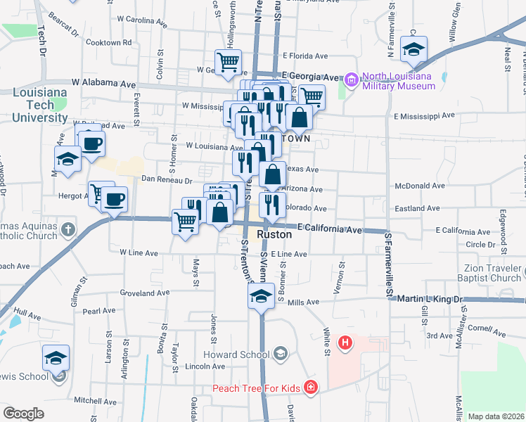map of restaurants, bars, coffee shops, grocery stores, and more near 500 South Vienna Street in Ruston