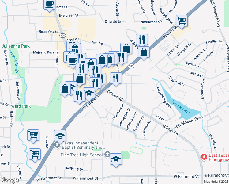 map of restaurants, bars, coffee shops, grocery stores, and more near 1808 Gilmer Road in Longview