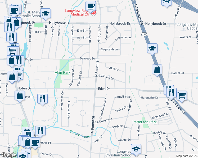 map of restaurants, bars, coffee shops, grocery stores, and more near 2208 North Fourth Street in Longview