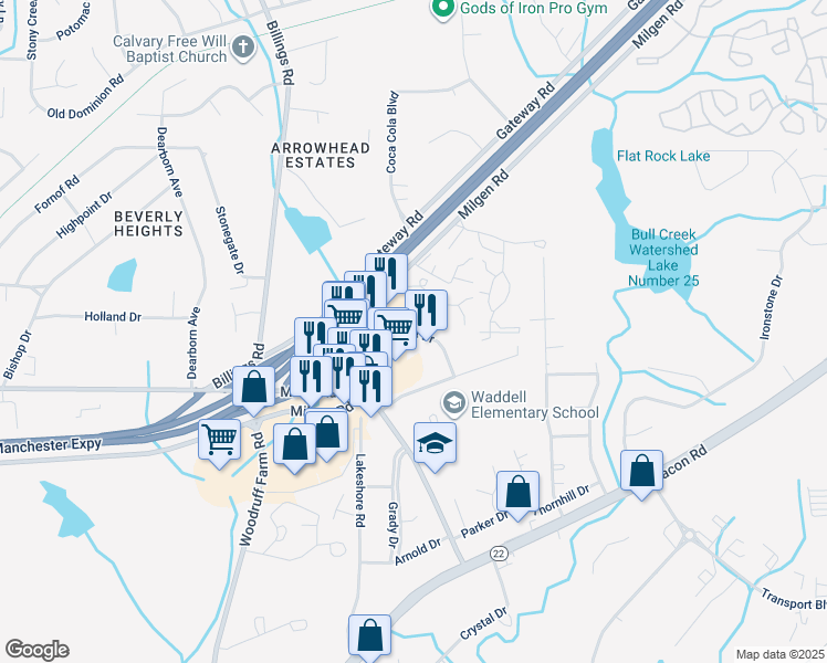 map of restaurants, bars, coffee shops, grocery stores, and more near Gunboat Drive in Columbus