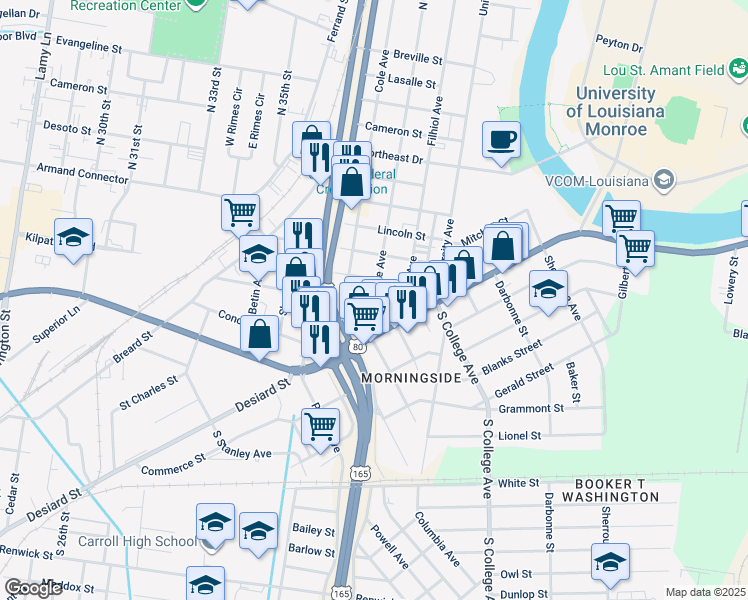 map of restaurants, bars, coffee shops, grocery stores, and more near 200 North McGuire Avenue in Monroe
