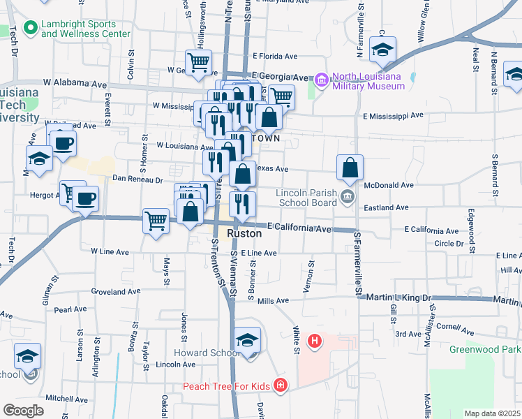 map of restaurants, bars, coffee shops, grocery stores, and more near 501 South Bonner Street in Ruston