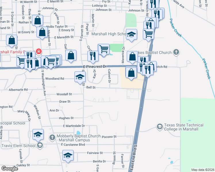 map of restaurants, bars, coffee shops, grocery stores, and more near 2213 Calvert Drive in Marshall