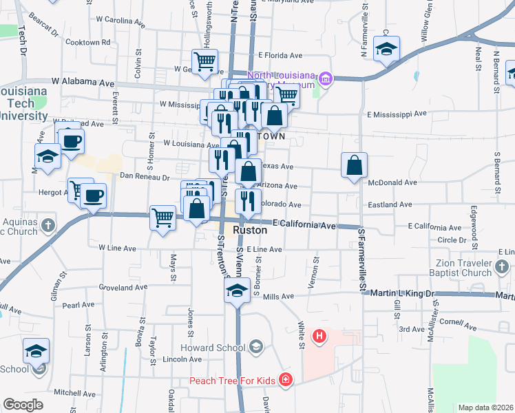 map of restaurants, bars, coffee shops, grocery stores, and more near 501 South Bonner Street in Ruston
