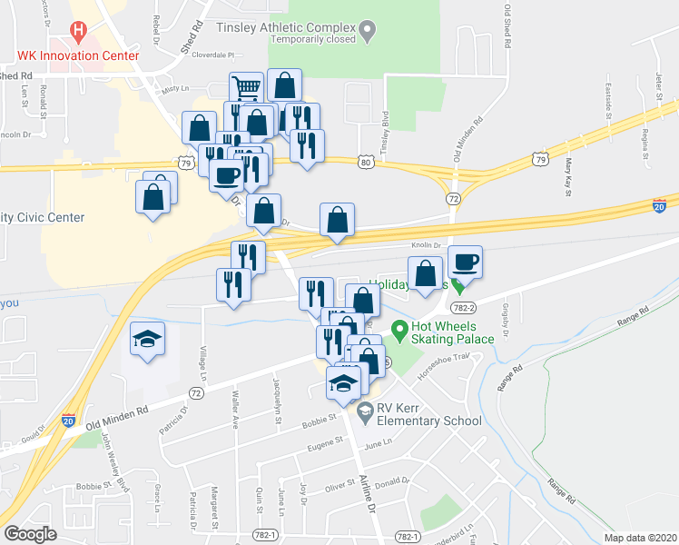 map of restaurants, bars, coffee shops, grocery stores, and more near 2431 Cherry Street in Bossier City
