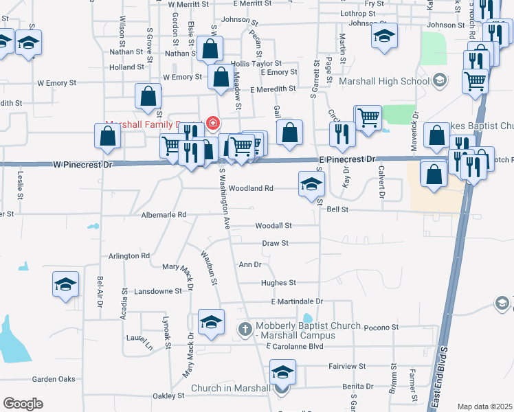 map of restaurants, bars, coffee shops, grocery stores, and more near 207 Hillcrest Terrace in Marshall