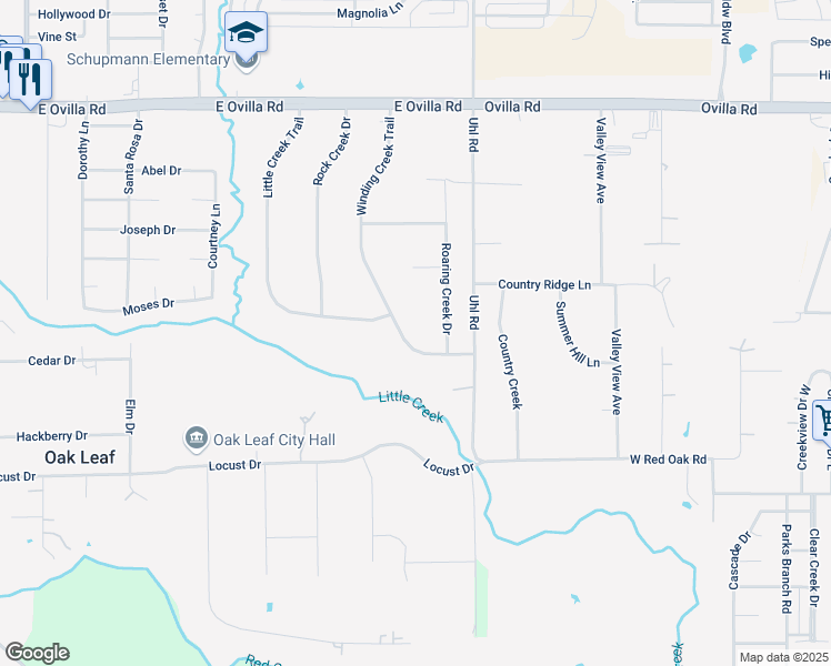 map of restaurants, bars, coffee shops, grocery stores, and more near 510 Winding Creek Trail in Red Oak