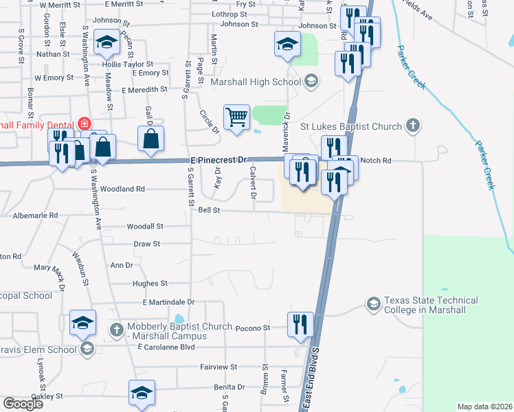 map of restaurants, bars, coffee shops, grocery stores, and more near 2213 Calvert Drive in Marshall