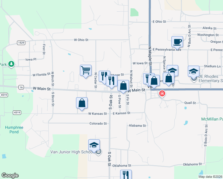 map of restaurants, bars, coffee shops, grocery stores, and more near 110 North Oak Street in Van