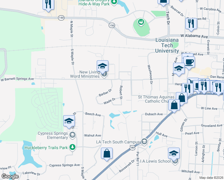 map of restaurants, bars, coffee shops, grocery stores, and more near 400-498 Robert Street in Ruston
