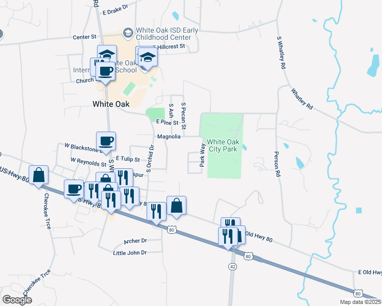 map of restaurants, bars, coffee shops, grocery stores, and more near 310 Mockingbird Street in White Oak