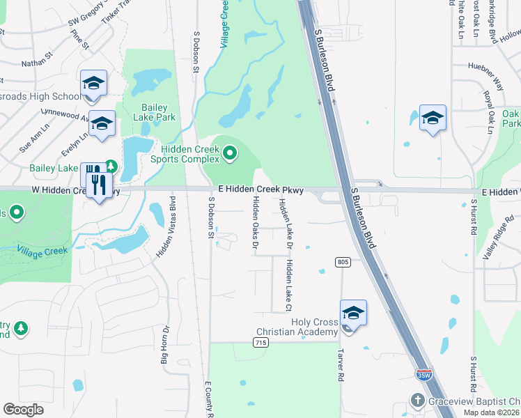 map of restaurants, bars, coffee shops, grocery stores, and more near 919 Hidden Oaks Drive in Burleson
