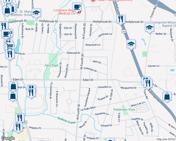 map of restaurants, bars, coffee shops, grocery stores, and more near 906 Coleman Drive in Longview