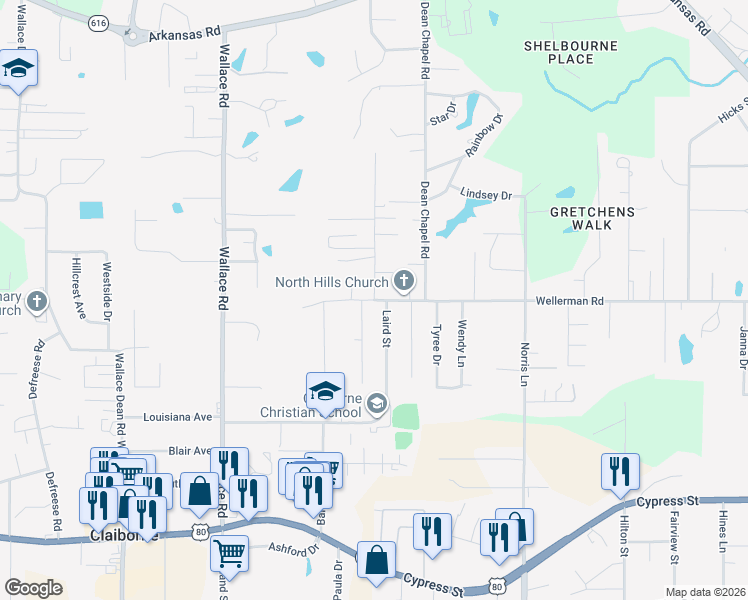 map of restaurants, bars, coffee shops, grocery stores, and more near 2515 Wellerman Rd in West Monroe