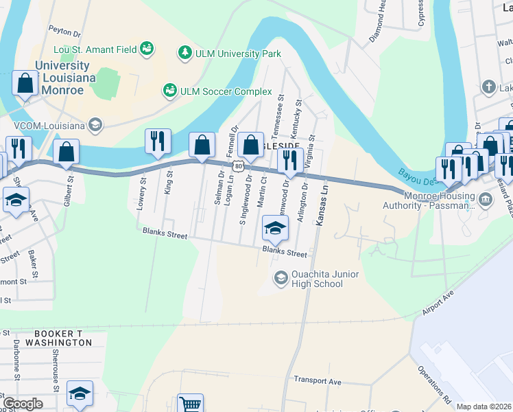 map of restaurants, bars, coffee shops, grocery stores, and more near 5602 Desiard St in Monroe