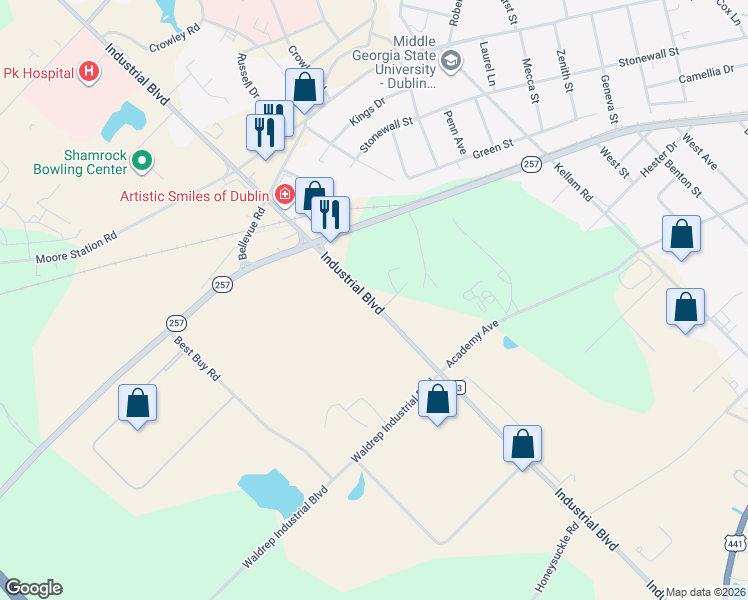 map of restaurants, bars, coffee shops, grocery stores, and more near 507 Industrial Boulevard in Dublin
