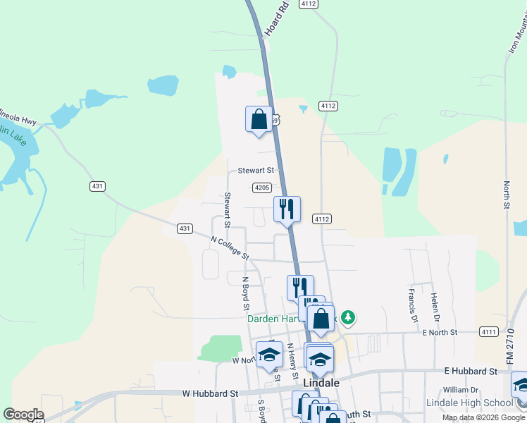 map of restaurants, bars, coffee shops, grocery stores, and more near 832a Hickory Street in Lindale