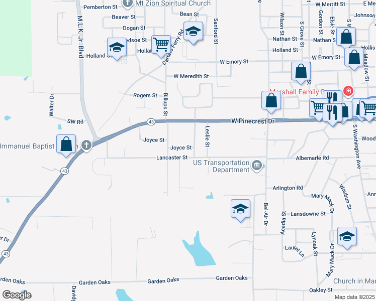 map of restaurants, bars, coffee shops, grocery stores, and more near 1502 Joyce Street in Marshall