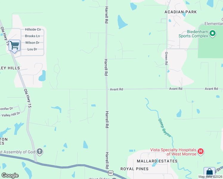 map of restaurants, bars, coffee shops, grocery stores, and more near 1204 Avant Rd in West Monroe