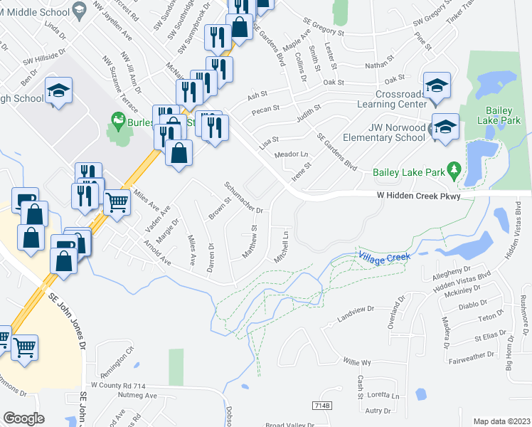 map of restaurants, bars, coffee shops, grocery stores, and more near 938 Irene St in Burleson